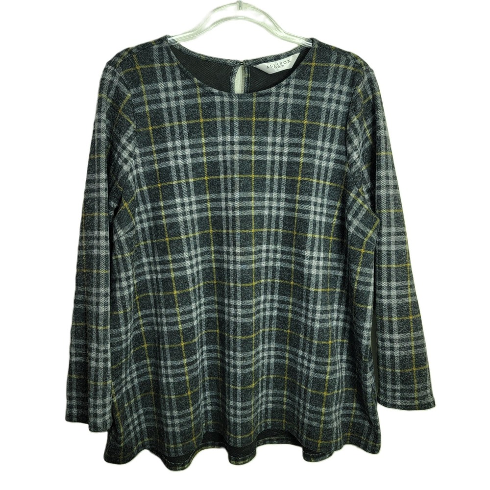 Allison Taylor Womens 2X Gray Yellow Plaid Long Sleeve Knit Top Thick Soft Knit‎